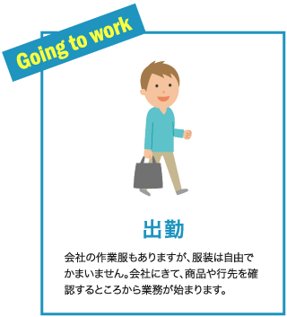 出勤 会社の作業服もありますが、服装は自由でかまいません。会社にきて、商品や行先を確認するところから業務が始まります。