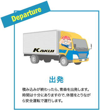 出発 積み込みが終わったら、青森を出発します。時間は十分にありますので、休憩をとりながら安全運転で運行します。
